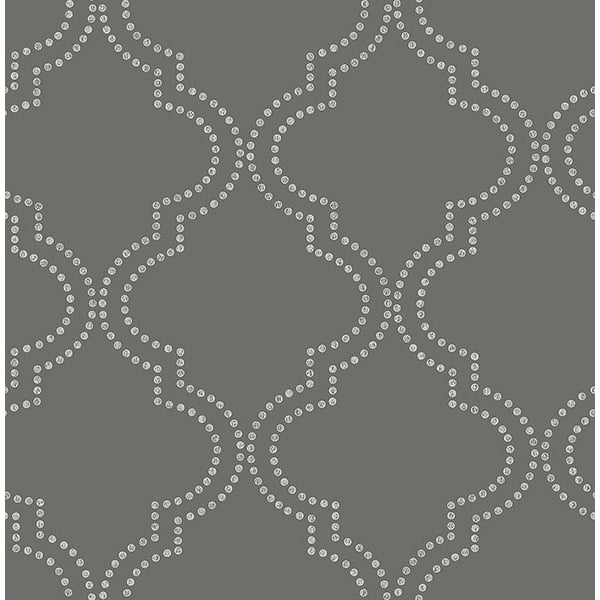 Brewster Tetra Charcoal Silver Dots Quatrefoil Designer Gray Wallpaper 21801 
